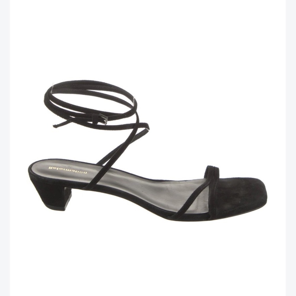 Reformation Strappy Kitten Heel Sandals Women 7.5 Black Suede Square Toe